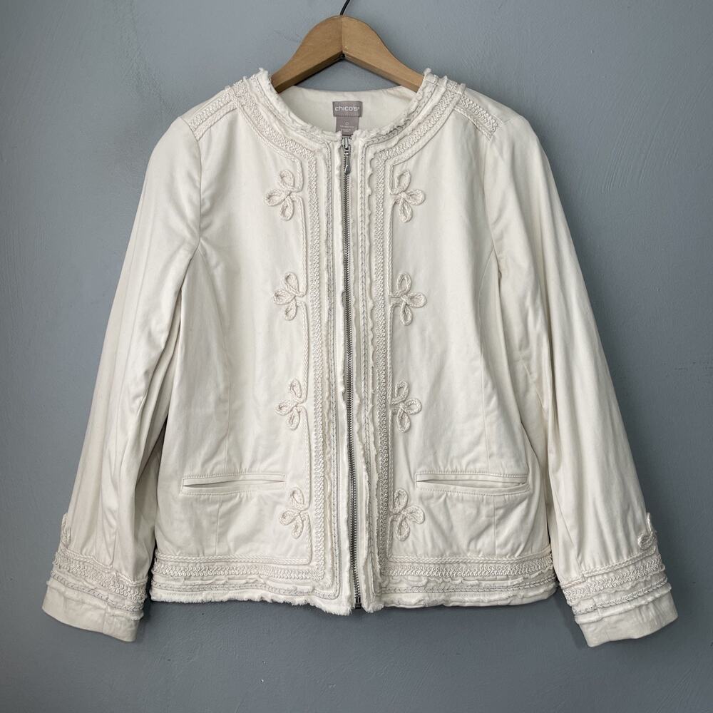 Chicos Jacket 0 Size 4 6 Beige Khaki Military Collarless Soutache Embroidered